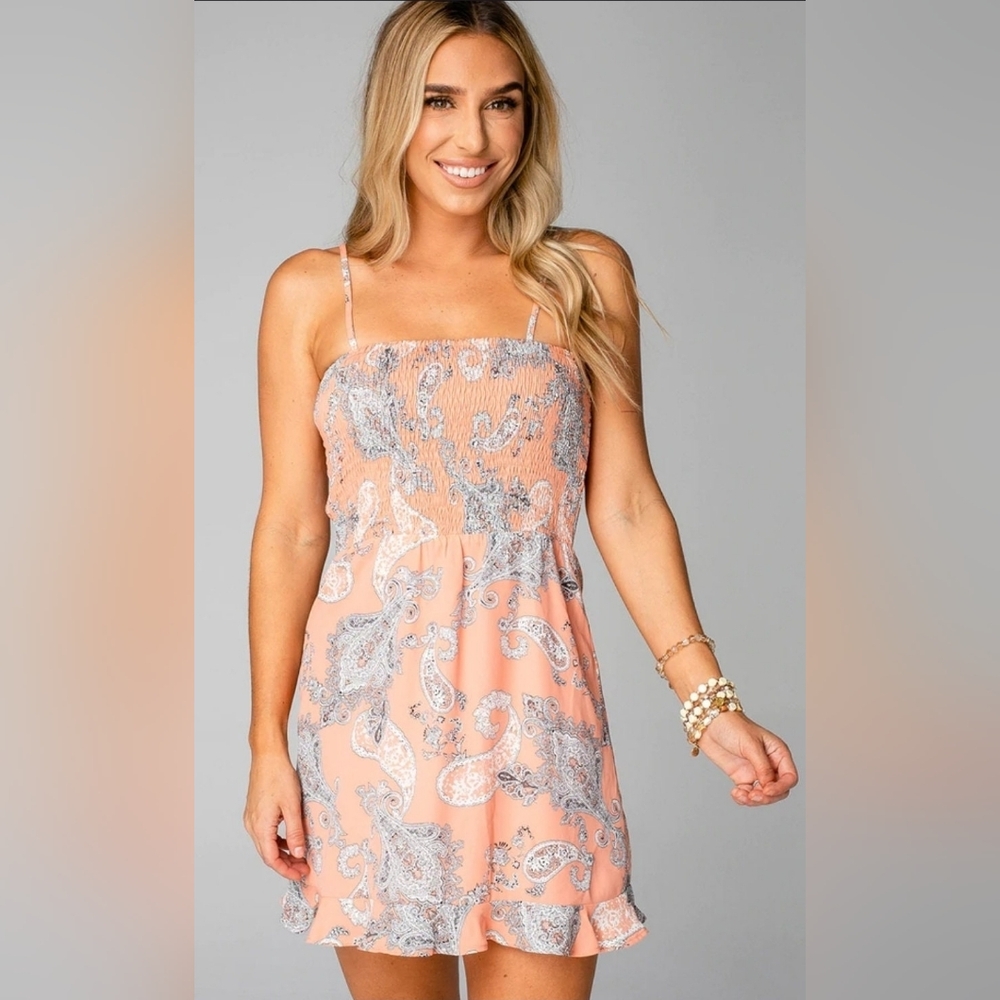 Buddy Love Peach Paisley Smocked Mini Dress